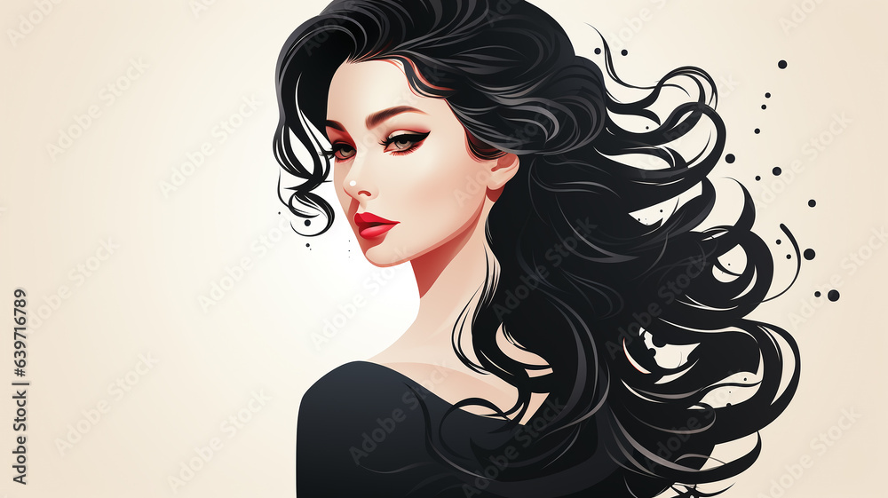 Barbershop logo, hair salon, girl with luxurious hair, cosmetology and hair health concept