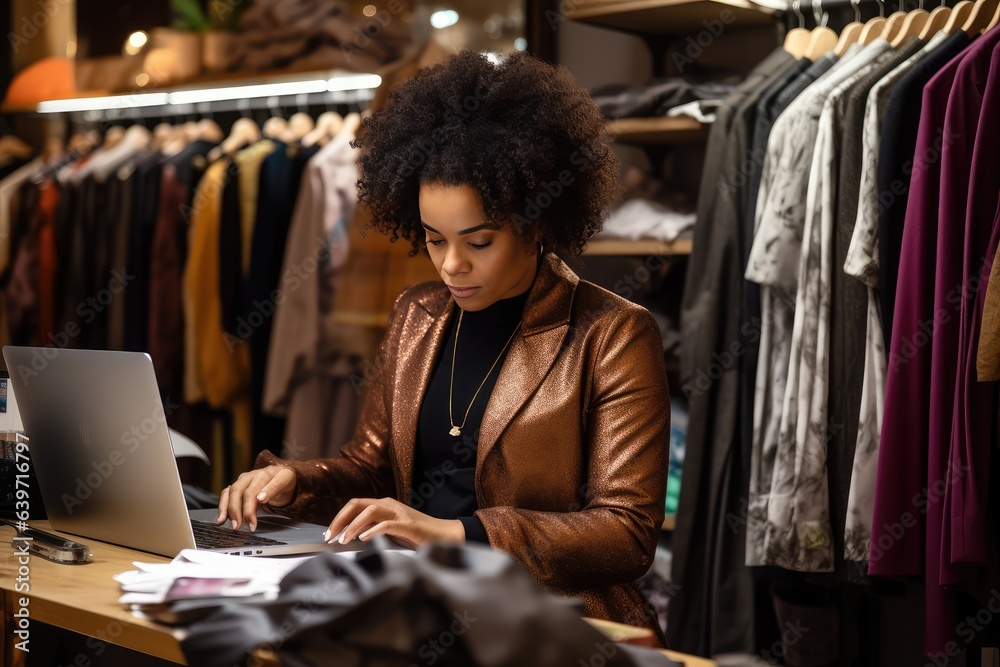 black woman writing in her laptop at her clothing store