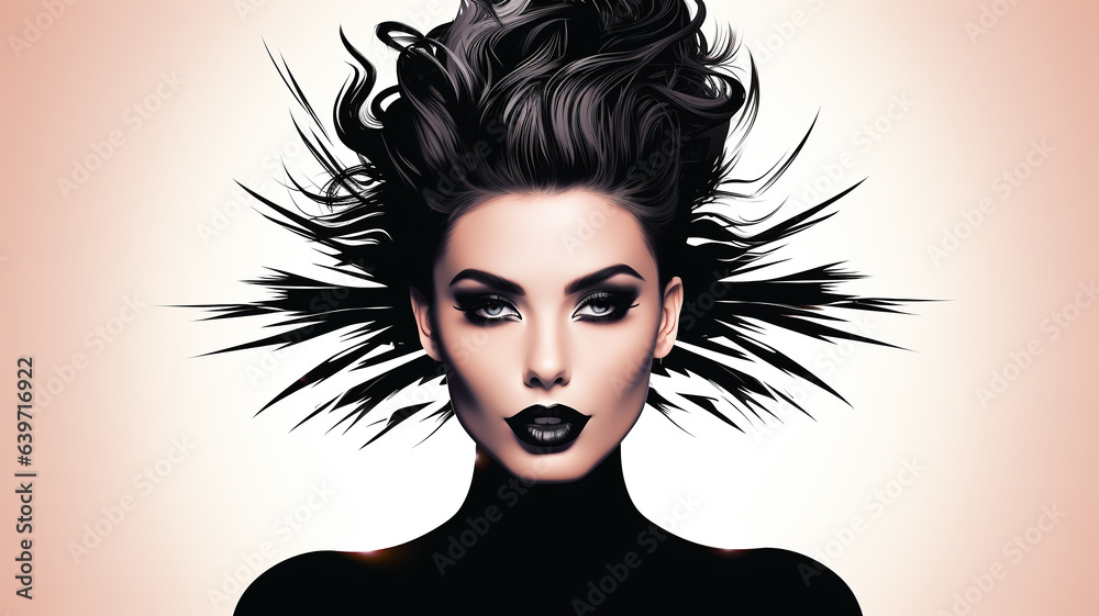 Fototapeta premium Barbershop logo, hair salon, girl with luxurious hair, cosmetology and hair health concept