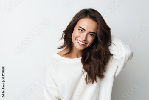 Beautiful smiling brunette woman wearing a white sweater