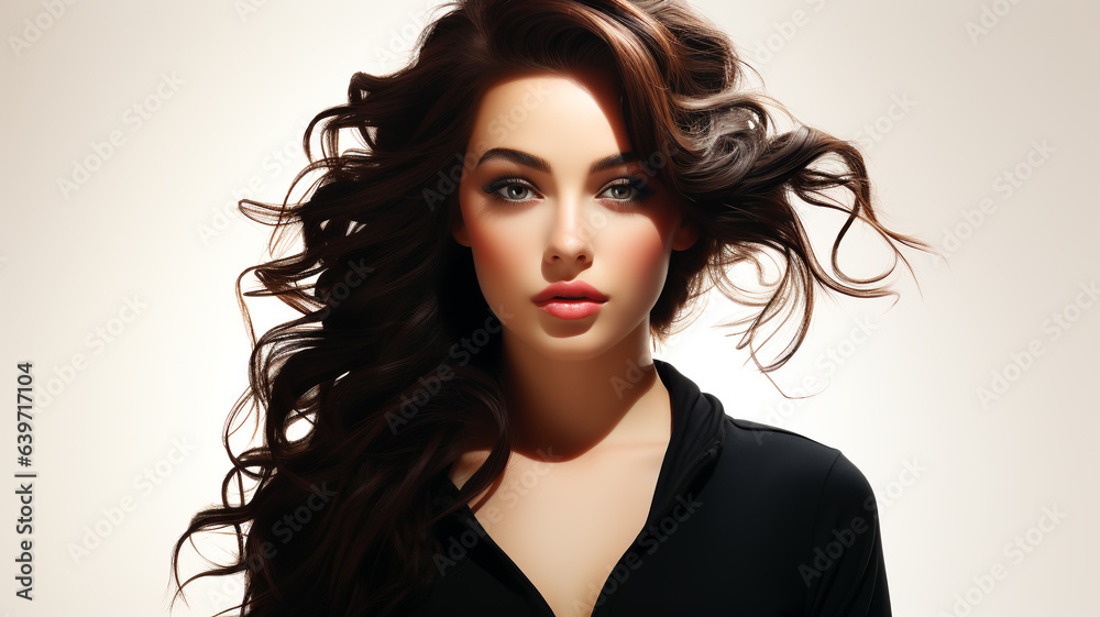 Fototapeta premium Barbershop logo, hair salon, girl with luxurious hair, cosmetology and hair health concept