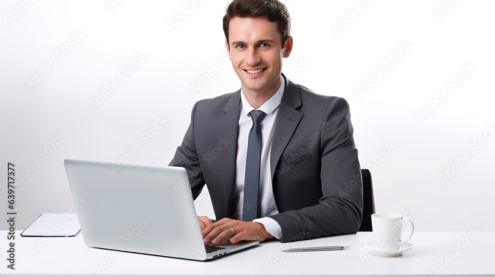 Young businessman working with laptop isolate on white background Young businessman working with laptop isolate on white background
