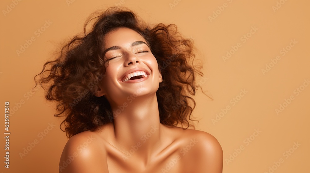 Unbridled Joy:  A woman with curly brown hair throws her head back in a joyous laugh,  her eyes closed as she embraces the pure delight of the moment.