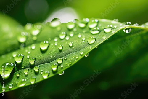 Beautiful water drops after rain on green leaf in sunlight