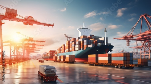 Logistics and transportation of a container cargo ship and a cargo plane with a working crane bridge in a shipyard at daybreak, background in the logistics, import/export. generative ai