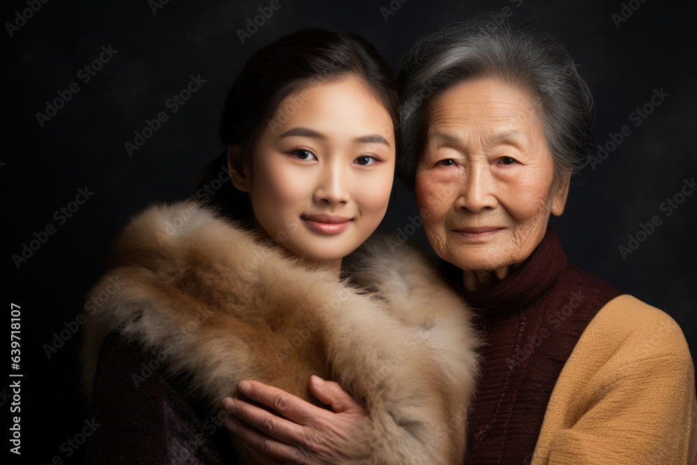 A splitscreen photo of two generations of Asian women each of them a testament to the strength and resilience of their culture. The grandmothers shoulders held back with pride alongside