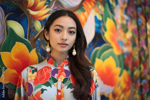 A young Asian woman posing confidently in front of a vibrant flower background her multicoloured outfit reflecting her proudness of her culture and emphasizing the optimism within © Justlight
