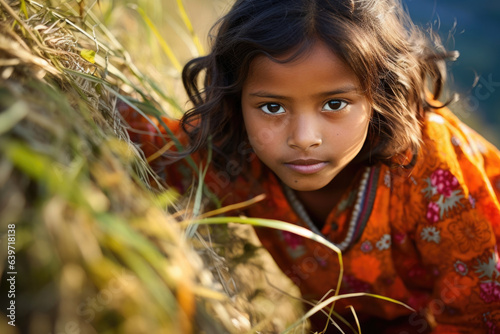 A humble Nepalese girl climbs a grasscovered hill her brightlycolored clothing representing her vibrant commitment to living sustainably. photo