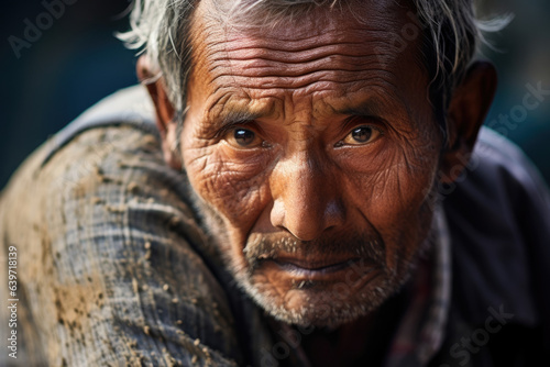 A Nepalese man is captured with his head thrown back in frustration yet against the unforgiving misery he wears a subtle look of perseverance knowing his longterm strategies will eventually