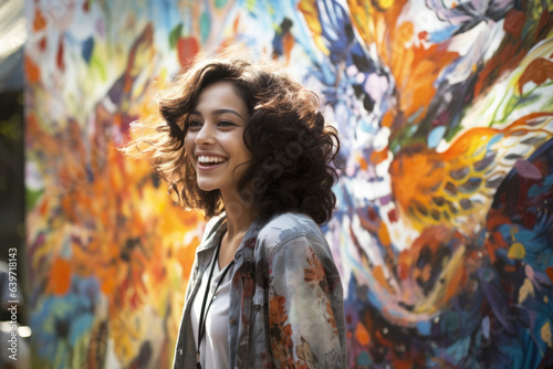 An Indonesian woman with dark curly hair standing in the center of an outdoor painting installation. Various birds flutter and chirp around her providing her with inspiration for the