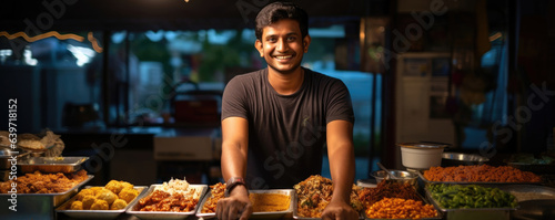 A young Indian man stands behind a food stall surrounded by an array of freshlycooked Indian delights that make the mouth salivate. He is proudly displaying his cooking skills to the