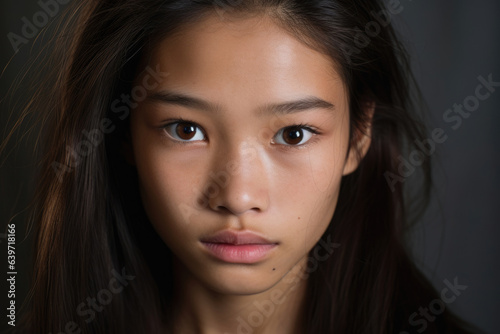A fearless face of an Asian teenage girl looks straight at the camera with a gaze of determination and courage. Her skin is a glowing copper and her hair is slicked back slick showing © Justlight