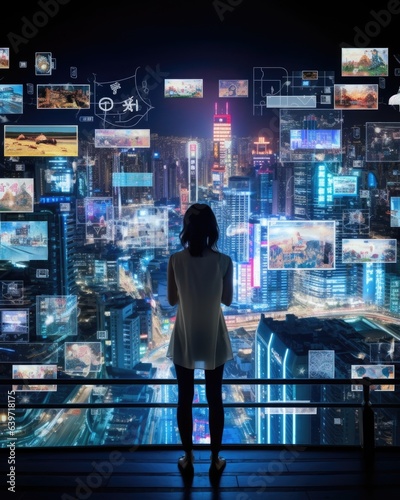 A panoramic view of an Asian metropolis where progressive technologies are actively embraced. Colorful LEDs and illuminated signs showcase its vibrancy while a blackhaired woman stands