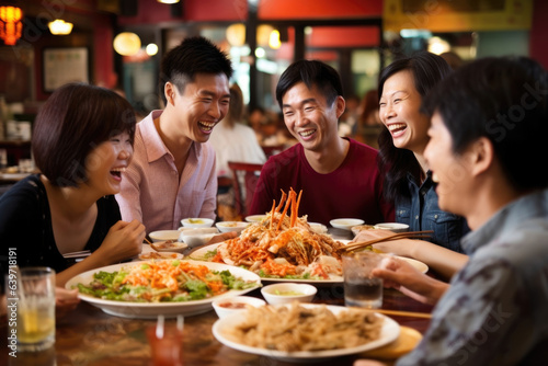 A close group of Asian friends dining out together at a local restaurant. An array of colourful plates Crown the large round table with wanton noodle soup sweet and sour pork and mixed