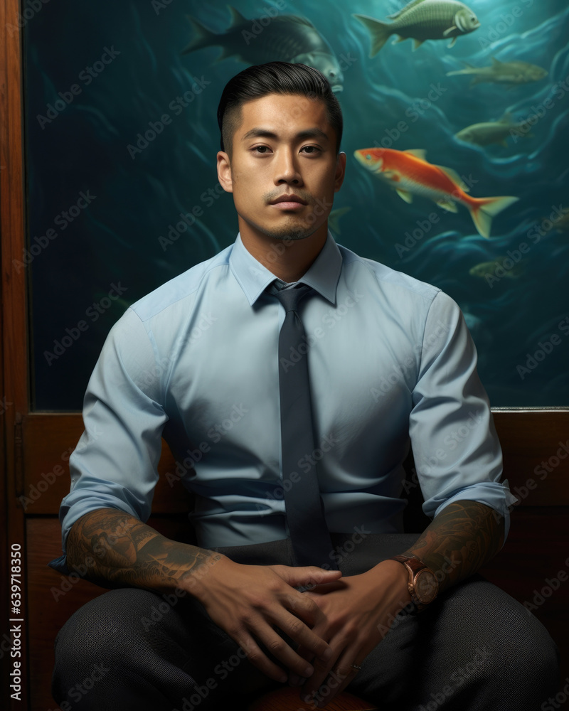 An almondeyed young Asian man sits on the edge of a chair wearing an aqua blue dress shirt the sleeves rolled up and the bottom tied around his waist displaying a tattoo on his arm An almondeyed young Asian man sits on the edge of a chair wearing an aqua blue dress shirt the sleeves rolled up and the bottom tied around his waist displaying a tattoo on his arm