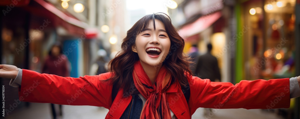 A cheerful young Chinese woman holding out her arms to the side and beaming with joy surrounded by vibrant shades of red.
