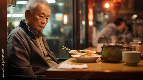 An older Asian man seated alone at a table surrounded by the hustle and bustle of the restaurant. There is a bowl of y miso ramen soup with tender pork slices in front of him with