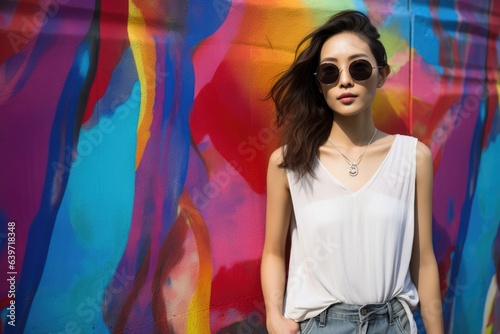 A Chinese woman stands before a colorful wall in the city. She is dressed for the summer her bright clothes and sunglasses making her stand out. The skyline behind her is an interesting © Justlight