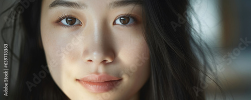 A closeup portrait of an Asian woman her face illuminated by a peaceful content smile. Her strong features stand out against her pale skin her bright eyes a window to her soul. Her