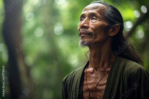 A Thai man walking quietly through a enchanted rainforest his eyes closed his heart open to the spiritual rhythm of the ancient trees around him.