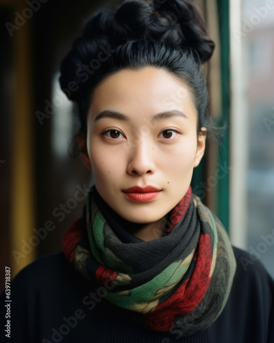 A Chinese woman wears an expression that radiates confidence and wisdom as her eyes lock with the camera conveying her passion for meaningful conversations. Her tightlyknit bun and photo