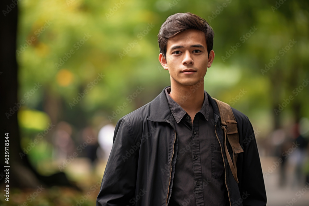 An Indonesian man stands in a city park a peaceful figure next to the busy streets. He studies his surroundings with a keen awareness his stoic expression unreadable yet filled with An Indonesian man stands in a city park a peaceful figure next to the busy streets. He studies his surroundings with a keen awareness his stoic expression unreadable yet filled with