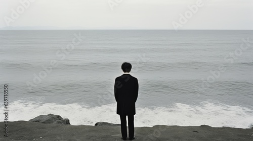 A Japanese man stands at the edge of the sea looking out towards the horizon. He s wearing a crisp tailored suit and his long dark hair is swept back from his face. He s taking a moment