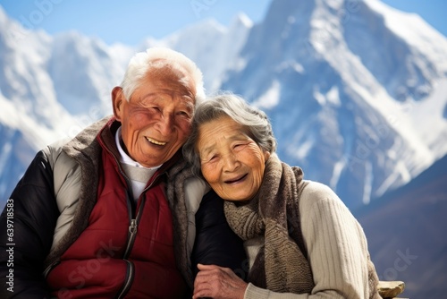 An elderly Tibetan couple leans against a majestic mountain peak. They look out with peaceful eyes the snowdotted slopes in stark contrast to the warmth between them.