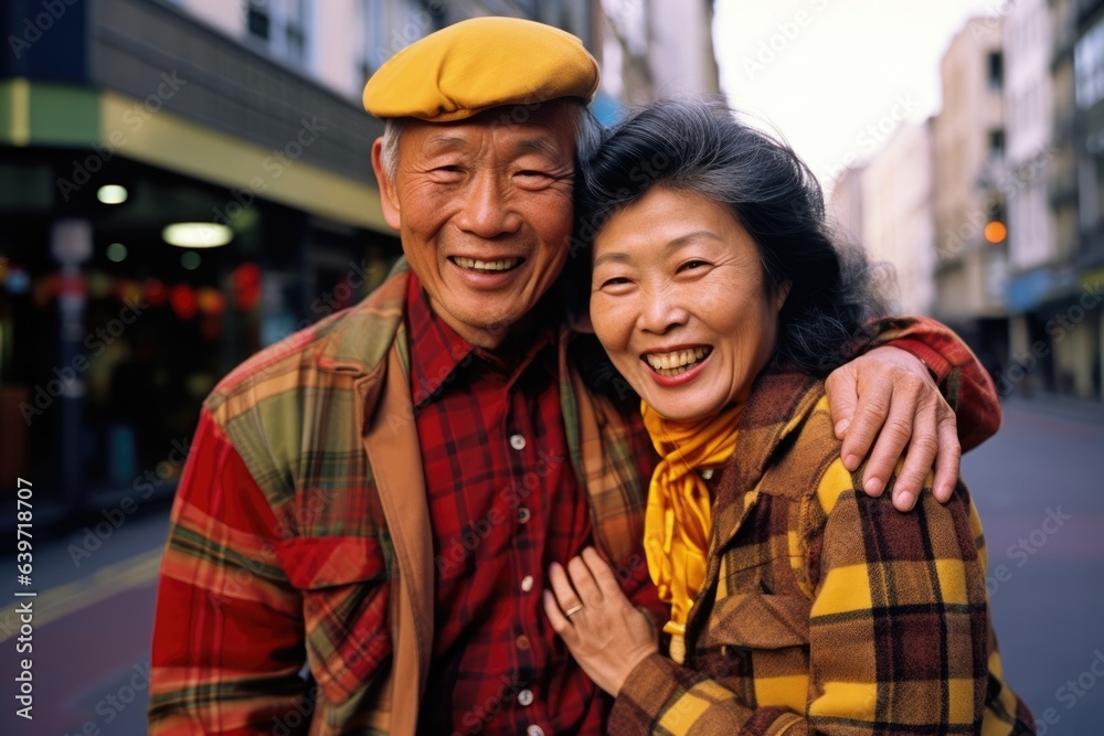 An Asian couple is smiling brightly striking a stunning pose for the camera. The man s upturned cap and tartan shirt against the burnt orange trousers draw the eye while the woman An Asian couple is smiling brightly striking a stunning pose for the camera. The man s upturned cap and tartan shirt against the burnt orange trousers draw the eye while the woman