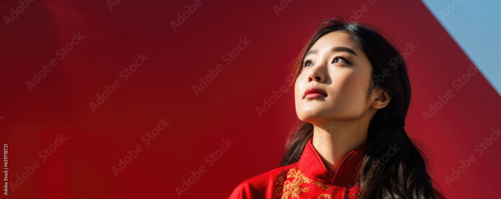Obraz premium A young Asian woman looks upwards ecstatically as she takes part in a traditional H courtship ritual during a New Year celebration.