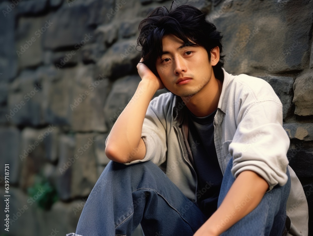 A young Asian man sits with a thoughtful expression perched atop an old rock wall. His dark pulledback hair frames his face and his slender hands rest on his knees. His full lips turn