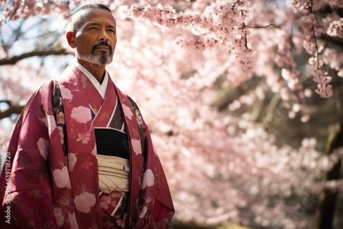 Canvastavla A Japanese man in a colourful kimono standing tall amid ancient cherry blossom t