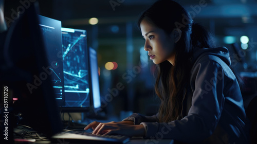 A determined Asian woman works away at her computer a flurry of motion and intense concentration. She works with incredible focus each keystroke serving as a testament to her determination