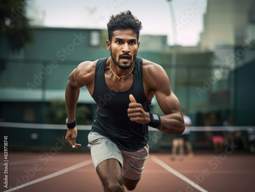 A South AsianAsian man running across a tennis court with a fierce focus on the ball. His body is tense and his face full of concentration and focus as he sprints forward.