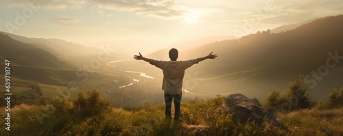 A young Asian man stands atop a hill the grassy slopes stretching out below him in a seemingly endless expanse. The man proudly raises his arms above his head the sun providing an