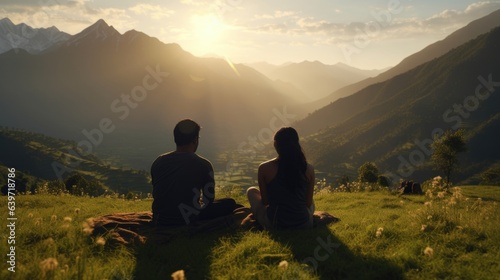 A Nepali couple sits atop a lush mountain in rows of vegetation. Their hands are interlinked their eyes open to the distant peaks and the sun shines down on them.