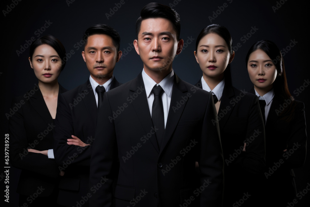Five Asian modern people all dressed in dark professional attire and standing at attention seem to simultaneously hum a single tune of efficiency and exeion making it clear that agile Five Asian modern people all dressed in dark professional attire and standing at attention seem to simultaneously hum a single tune of efficiency and exeion making it clear that agile