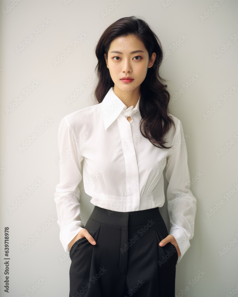 An elegant Korean woman in a white blouse and black trousers stands against a white wall her expression unreadable but her posture radiating a sense of sophistication. An elegant Korean woman in a white blouse and black trousers stands against a white wall her expression unreadable but her posture radiating a sense of sophistication.