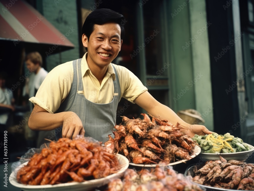 An Asian man stands on the side of the street his hands full of freshly cooked food. He looks proudly at the selection knowing that he has crafted soing special for his customers.