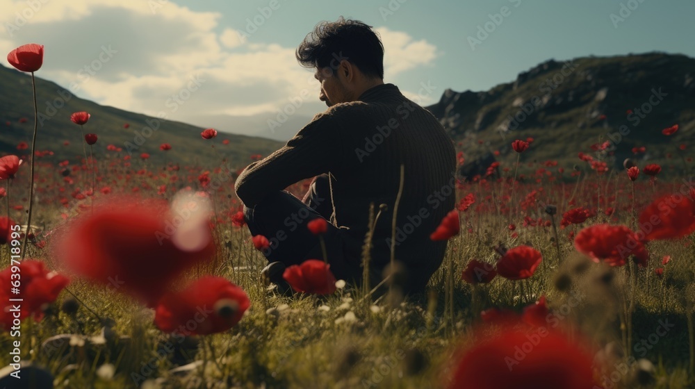 A solitary Tibetan man kneels a a field of red poppies his hands p delicately on his lap. He appears focused and contemplative as if he is searching for the answers to life s greatest