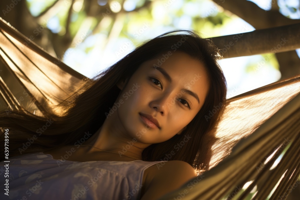 An Asian woman lounges in a hammock under a dense canopy of trees. Rays