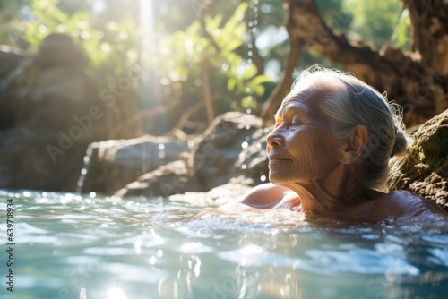 An elderly Cambodian woman bathes in a river of crystal blue water her weathered form rejuvenated with each cleansing breath. The suns rays gleam off the surrounding hills and trees