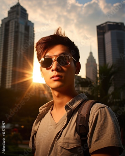 A Thai youth is photographed against the backdrop of a towering sparkling cityscape. The sunlight reflects off his glasses and the roof of the building he is standing in front of creating