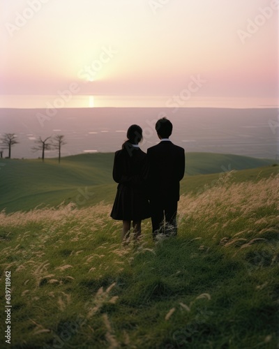 Two identically dressed Japanese students gaze into the horizon as they stand atop a grassy hill. With their black school uniforms swaying in the breeze and the rising sun casting