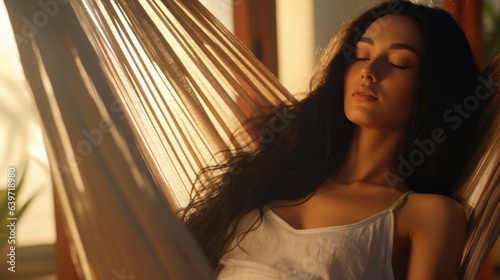 A Chinese woman close her eyes and gracefully reclines in a hammock her arms extended relaxed as she soaks in the sun. Her long black hair cascades around her her skin glowing in the