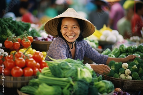 An Asian woman peruses a farmers market with a peaceful smile admiring the abundance of colors and aromas. She pays with cash and a friendly exchange of pleasantries carrying away