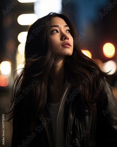 An Asian woman stands atop a semideserted street corner looking up into the night sky. Her long dark hair frames her serious expression and her lightly colored clothing hints at a photo