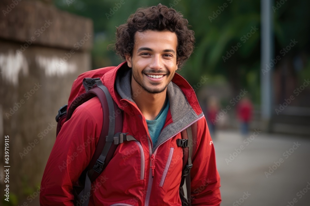 An Indian man poses with a wide smile red jacket zipped all the way to the top as if he s packed and raring to go. His backpack is full of all the essentials for his next trip. An Indian man poses with a wide smile red jacket zipped all the way to the top as if he s packed and raring to go. His backpack is full of all the essentials for his next trip.