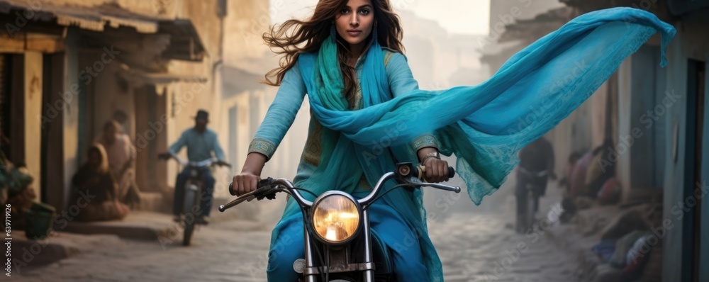 A South Asian woman riding a bicycle down an old cobbled street in a historic town. The wind whips her hair a bright turquoise scarf streaming behind her while the buildings along