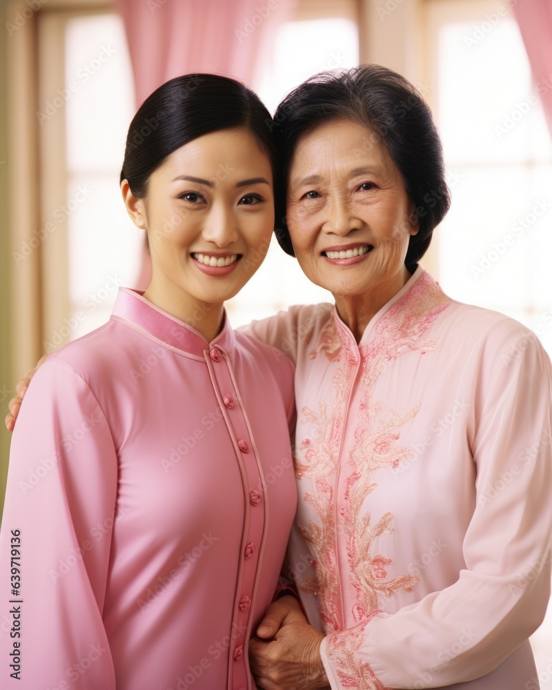 Two Asian women of different ages standing sidebyside with joyous smiles celebrating the unity of their respective generations in their Asian community. Two Asian women of different ages standing sidebyside with joyous smiles celebrating the unity of their respective generations in their Asian community.